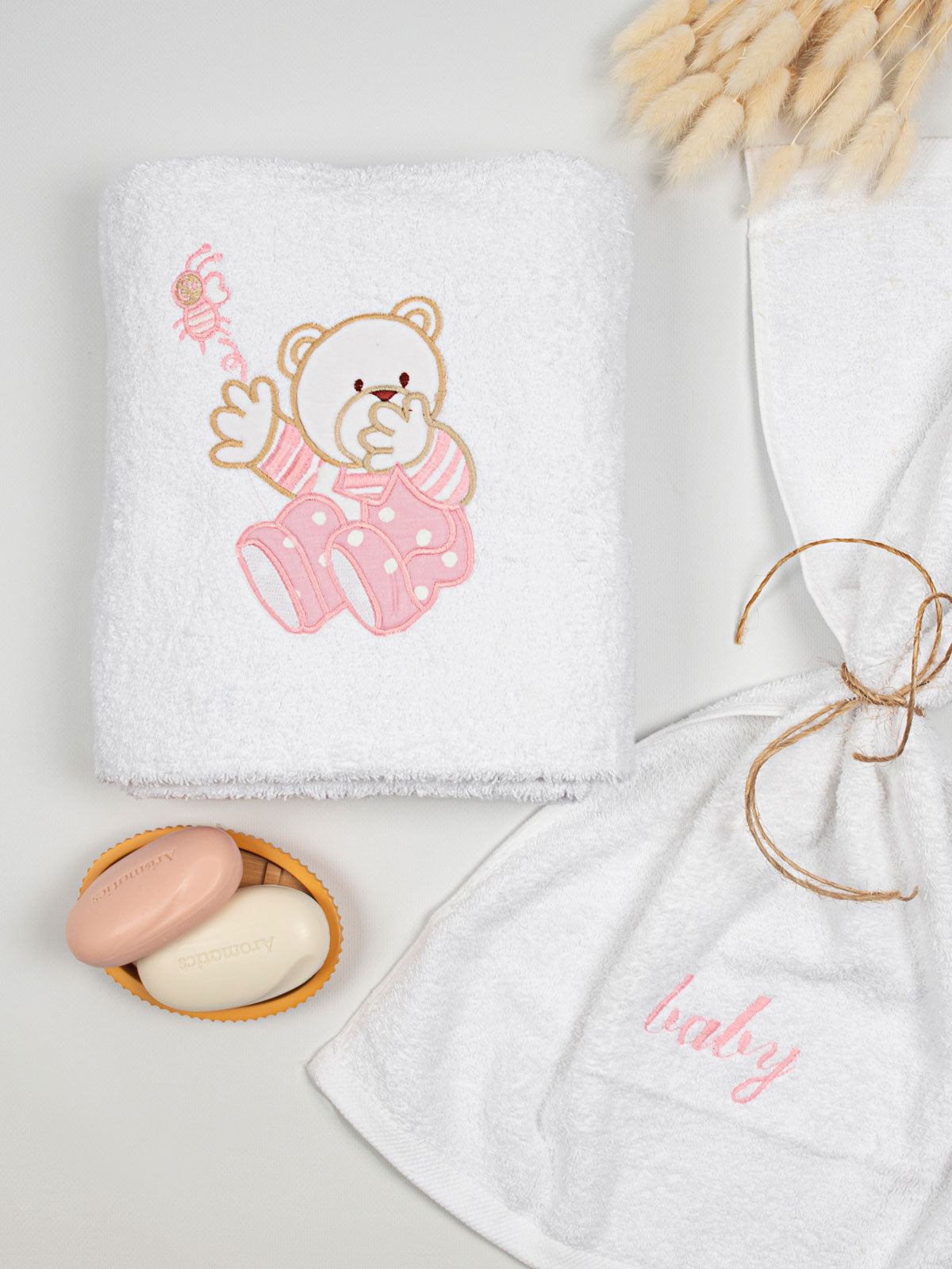 Σετ πετσέτες κεντητές Bear 04 White/Pink από την εταιρεία Sunshine Home