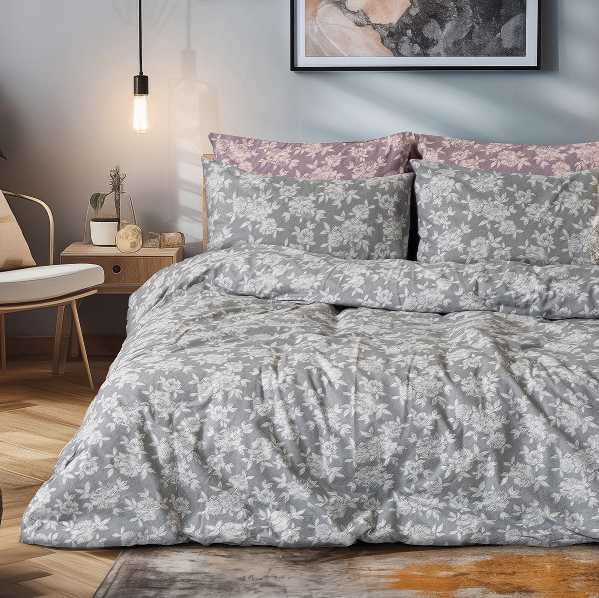 Σετ σεντόνια φανελένια King Size με λάστιχο Merlot Art 12634 185x200+32 Γκρι από την εταιρεία Beauty Home