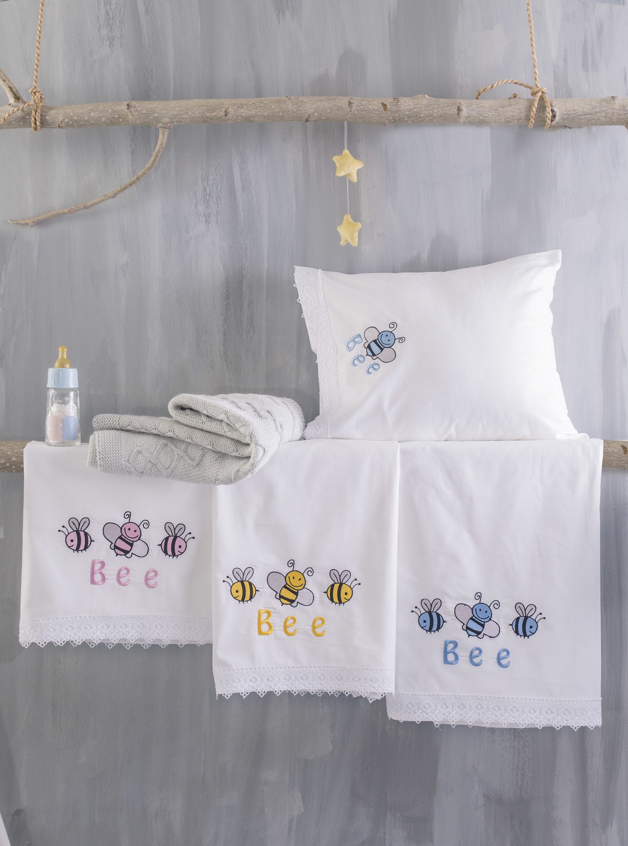 HONEY BEE - Σετ σεντόνια βρεφικά 3 τεμ. με κέντημα