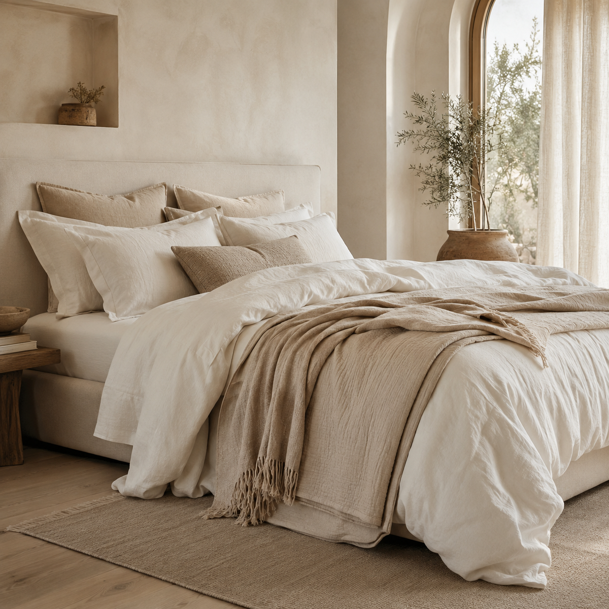 Warm-neutral bedding collection editorial