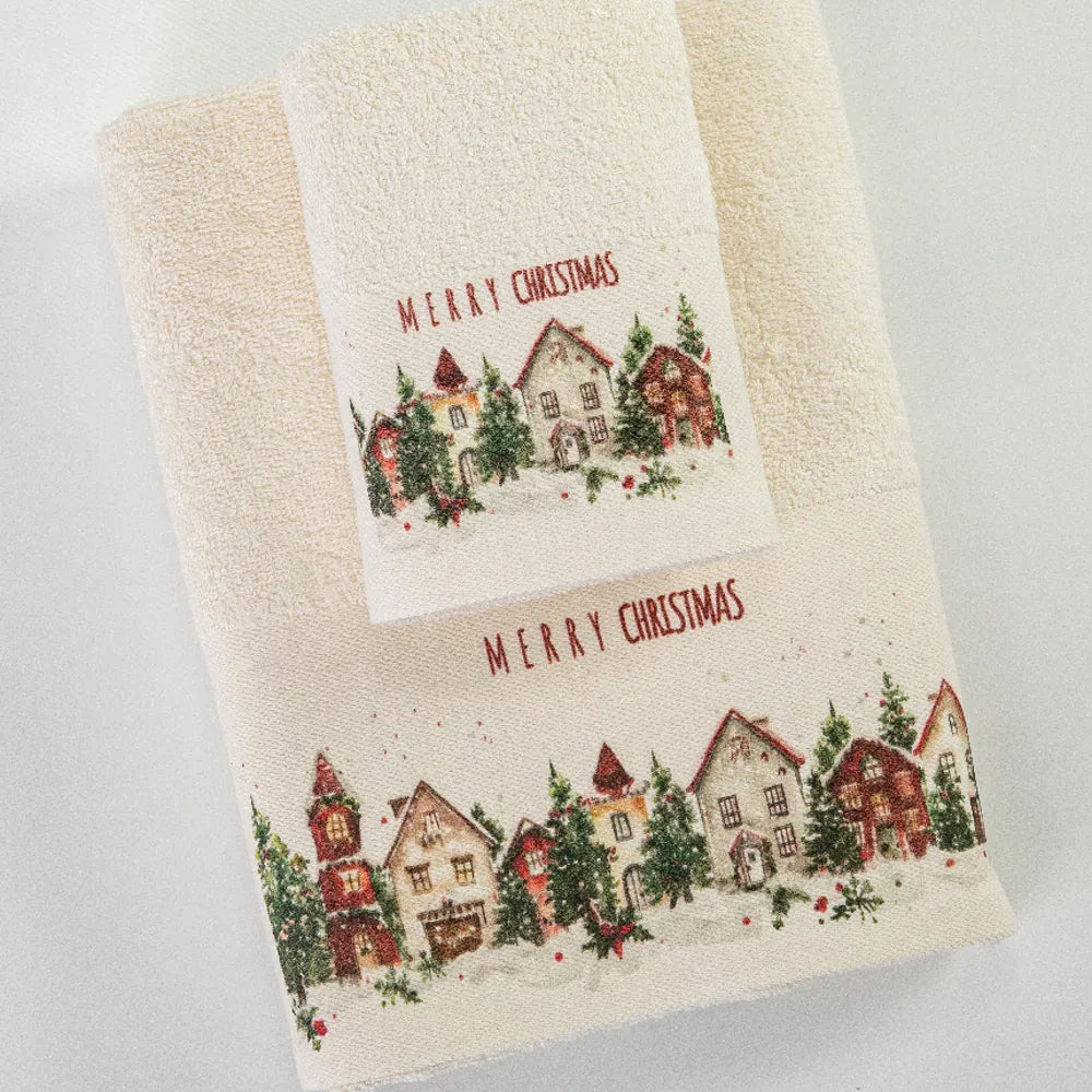 Πετσέτες Χριστουγεννιάτικες Σετ 2ΤΜΧ Christmas Village Εκρού από την εταιρεία Borea Home Textiles