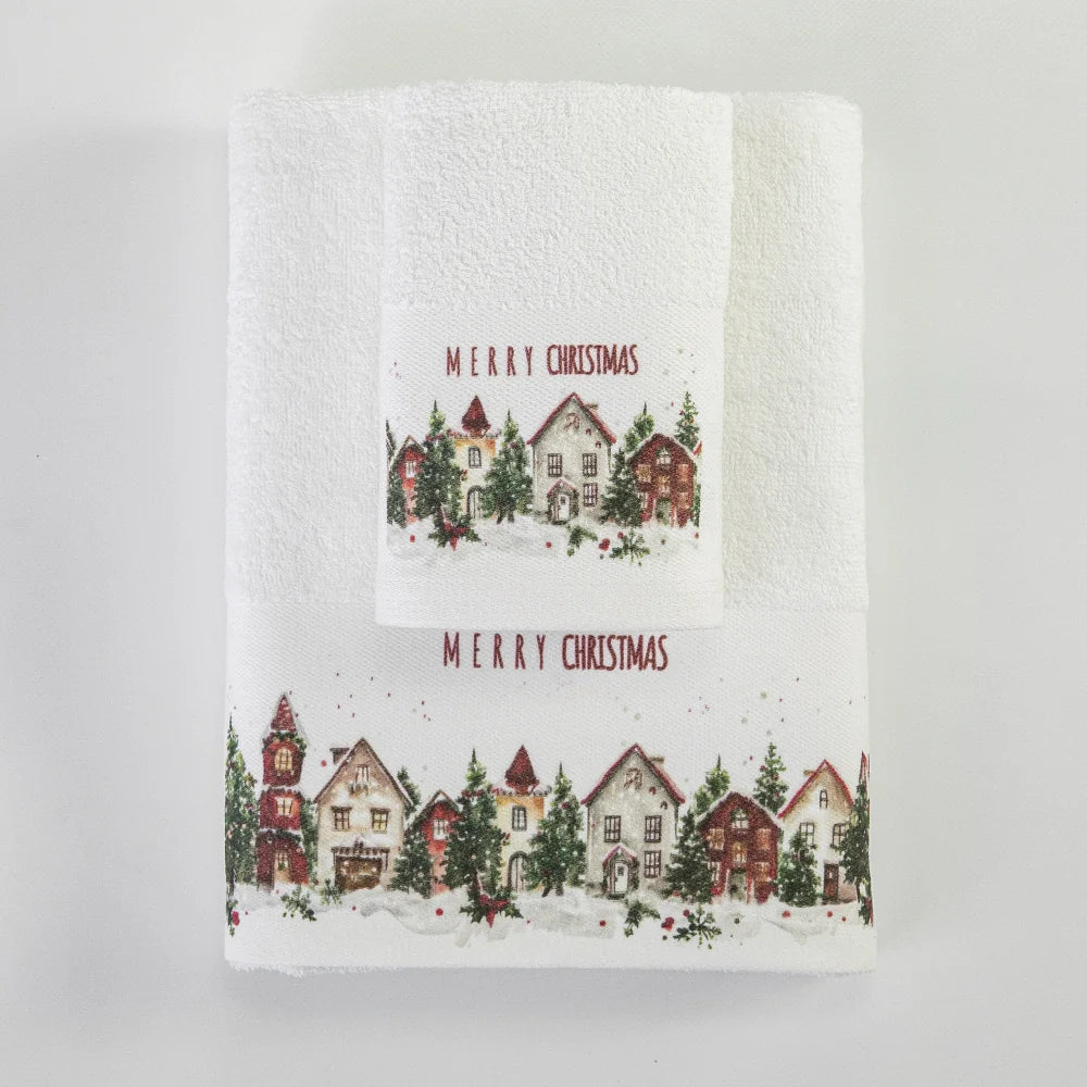 Πετσέτες Χριστουγεννιάτικες Σετ 2ΤΜΧ Christmas Village Λευκό από την εταιρεία Borea Home Textiles