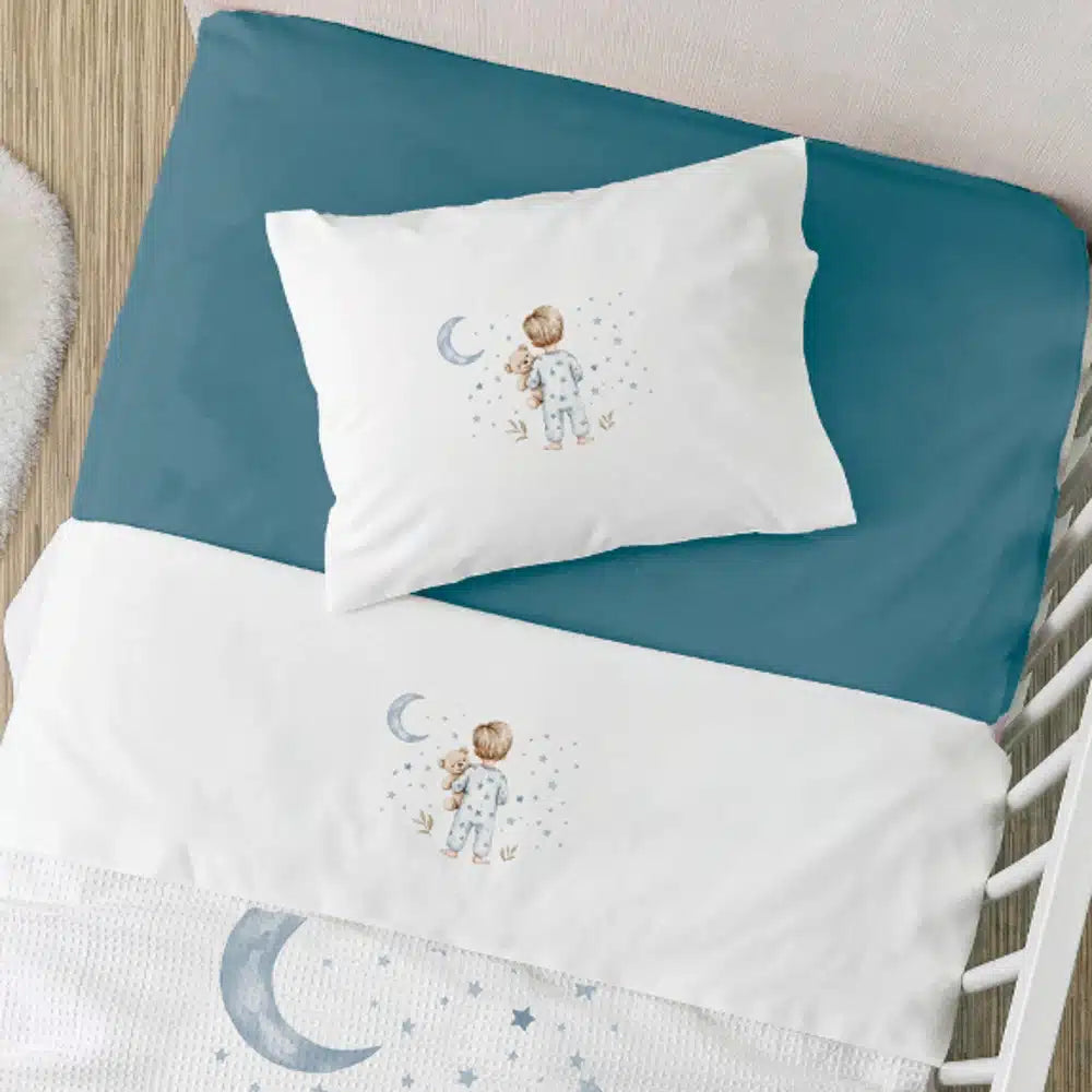 Σεντόνια Κούνιας Σετ Goodnight Λευκό-Πετρόλ από την εταιρεία Borea Home Textiles