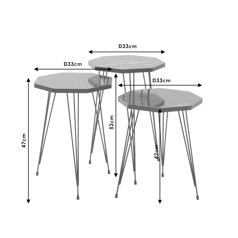 Βοηθητικά τραπέζια σαλονιού Buena σετ 3τεμ μαύρο μαρμάρου-μαύρο από την εταιρεία Pakoworld