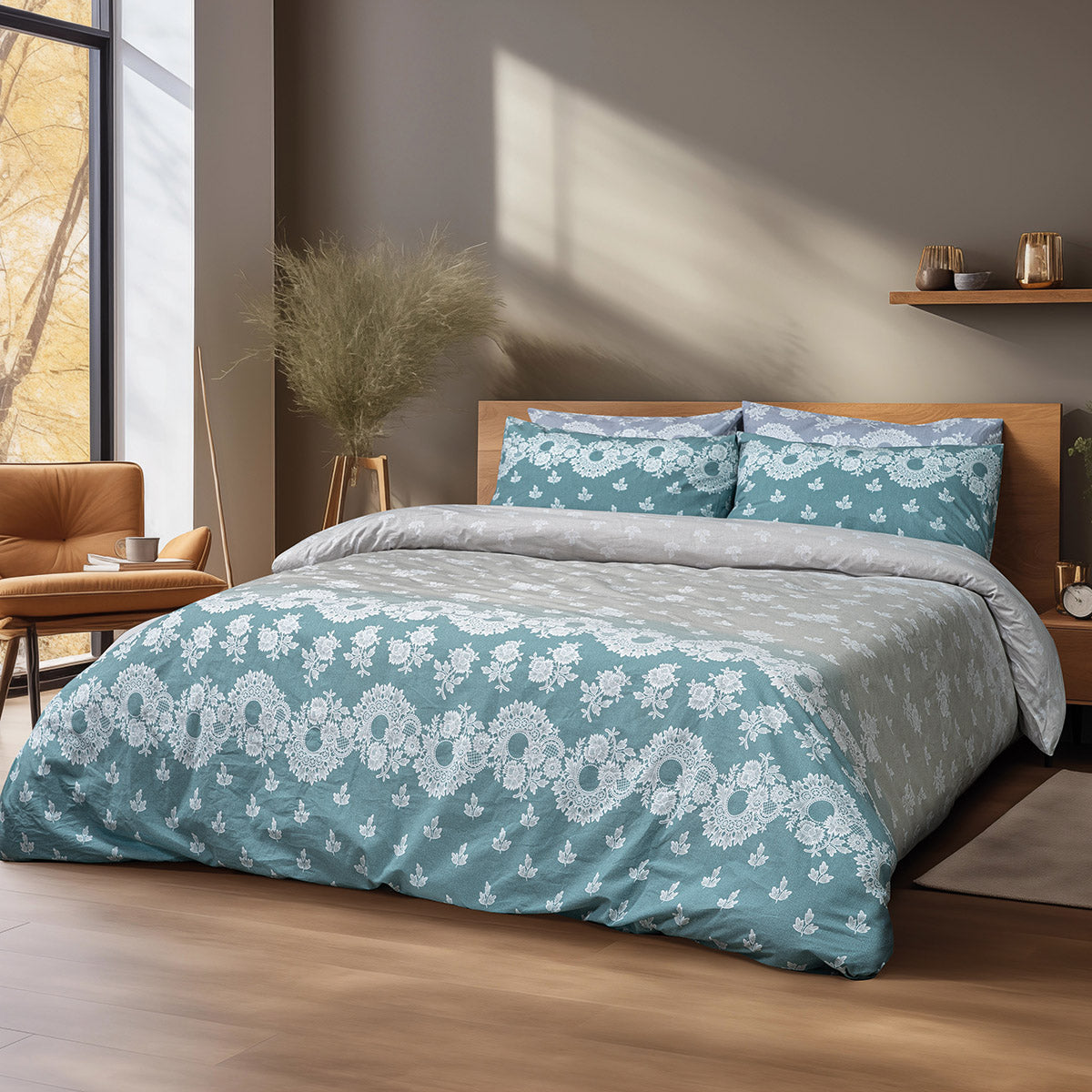 Σετ παπλωματοθήκη υπέρδιπλη Palm Art 12186 230x250 Πετρόλ,Μπεζ από την εταιρεία Beauty Home