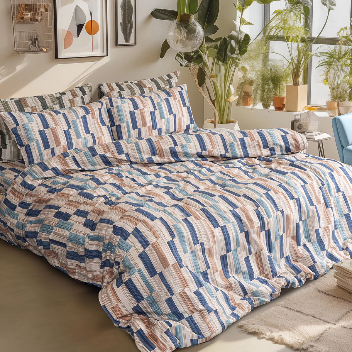 Σετ σεντόνια φανελένια King Size με λάστιχο Candy Art 12633 185x200+32 Μπεζ,Μπλε από την εταιρεία Beauty Home