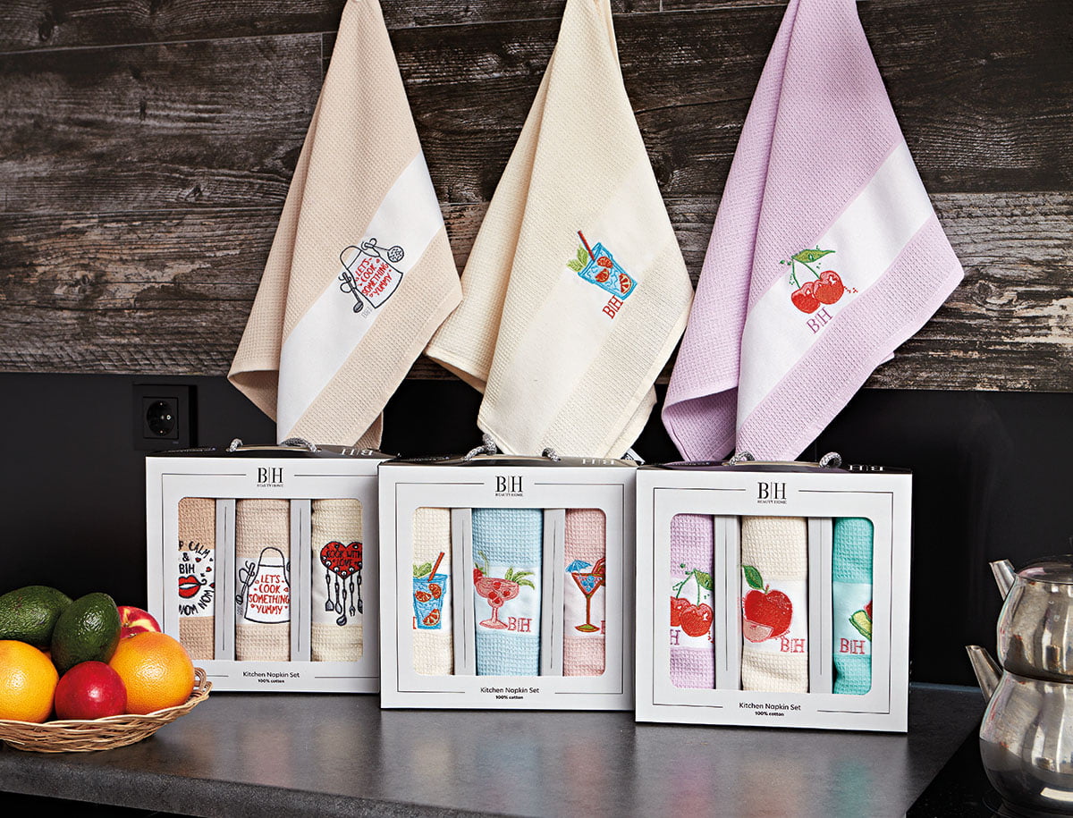 Ποτηρόπανα σετ 3τμχ Fruits Art 8286 40x60 Εκρού,Σιέλ,Ροζ από την εταιρεία Beauty Home
