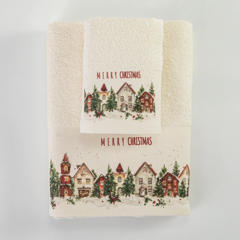 Πετσέτες Χριστουγεννιάτικες Σετ 2ΤΜΧ Christmas Village Εκρού από την εταιρεία Borea Home Textiles