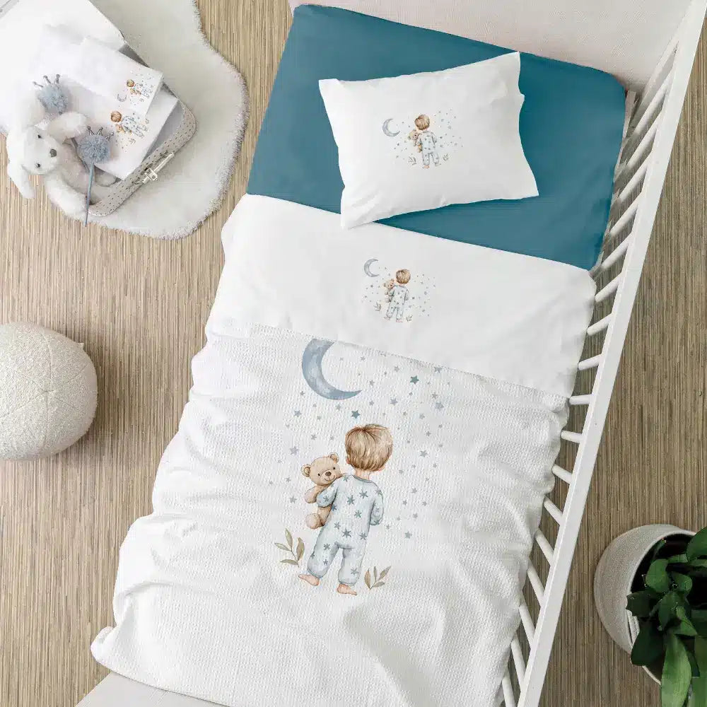 Σεντόνια Κούνιας Σετ Goodnight Λευκό-Πετρόλ από την εταιρεία Borea Home Textiles